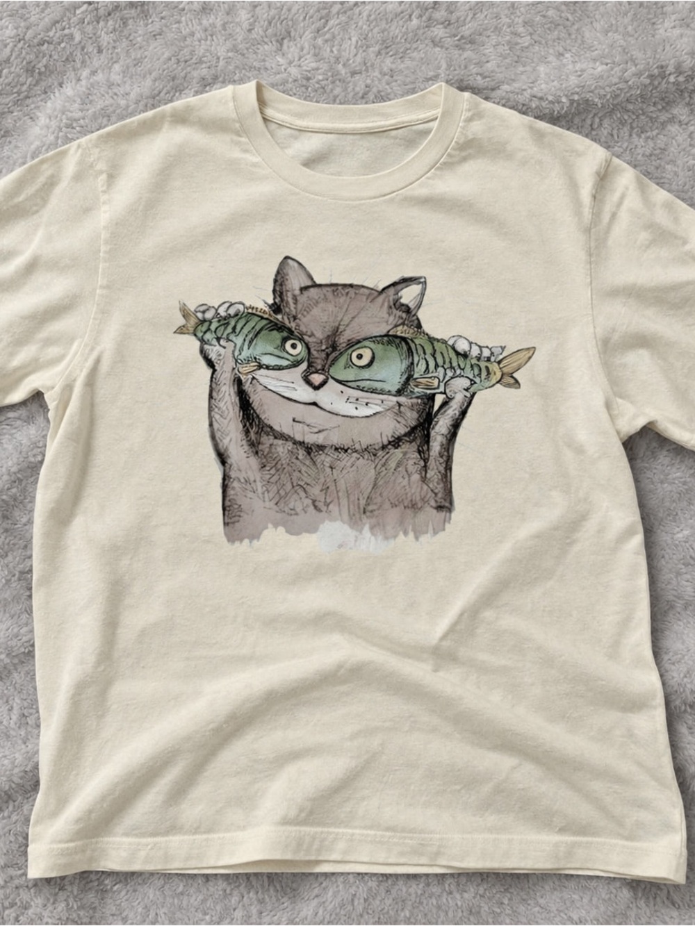 Cat and Green Fish Gildan Cream Tee Graphic